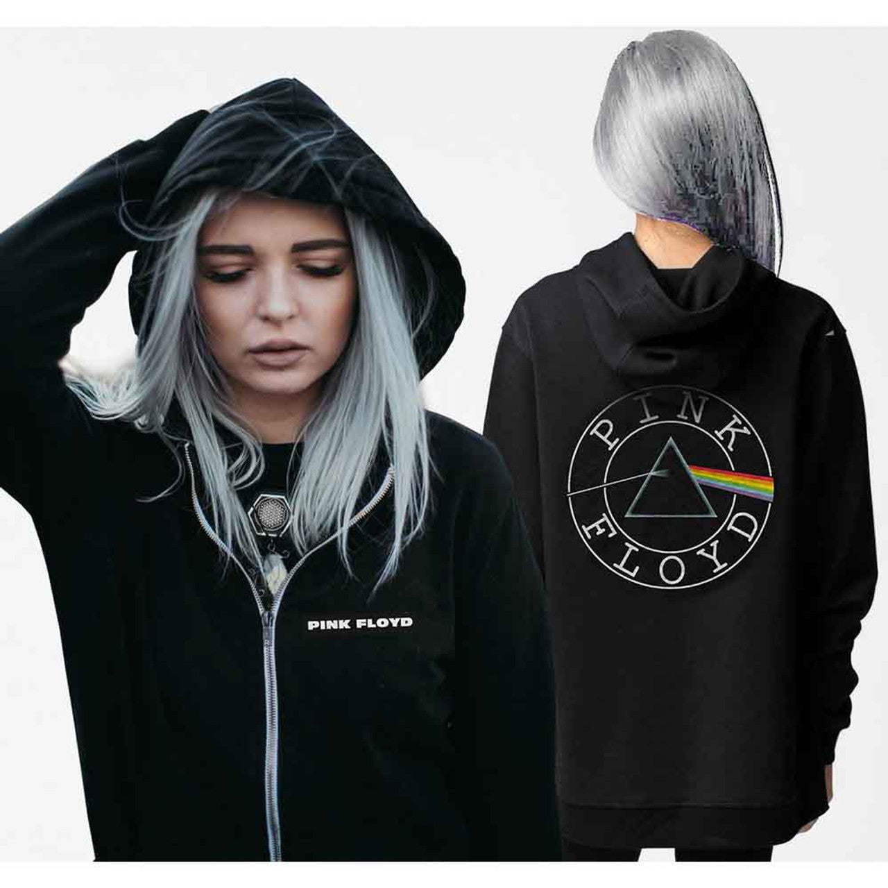 Pink Floyd Ladies Zipped Hoodie with Circle Logo in Black - Back Print Design - LaserLoom