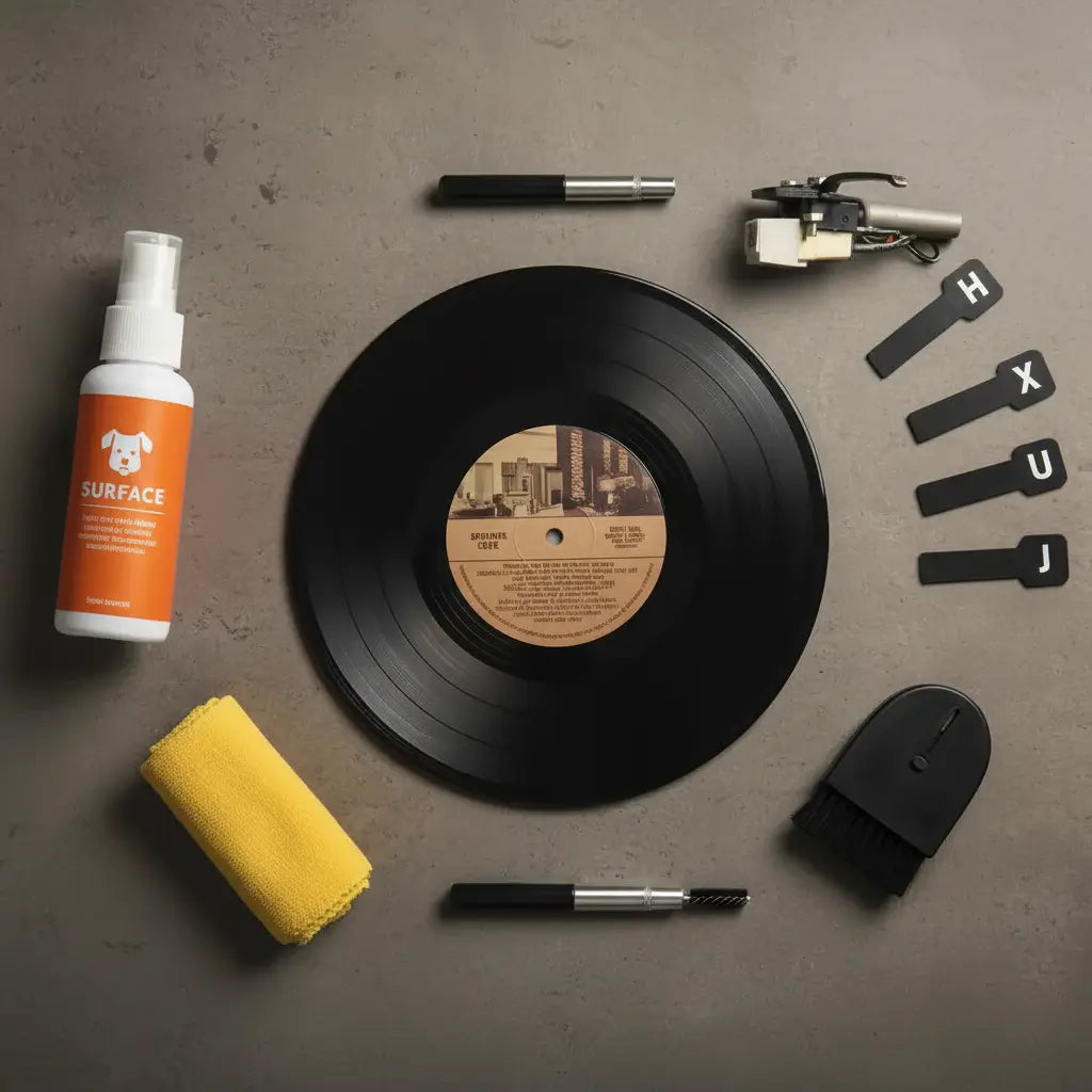 Vinyl record care essentials flat lay with cleaning spray, sponge, turntable cartridge, stylus, and LP dividers arranged around vintage record